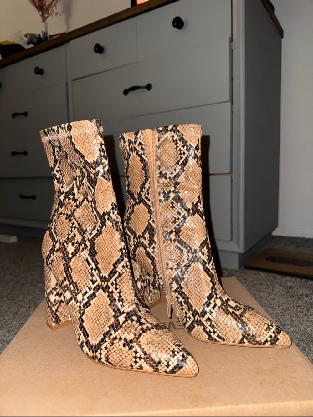 Jeffrey Campbell Tan & Black Snake-Print Pointed Ankle Booties